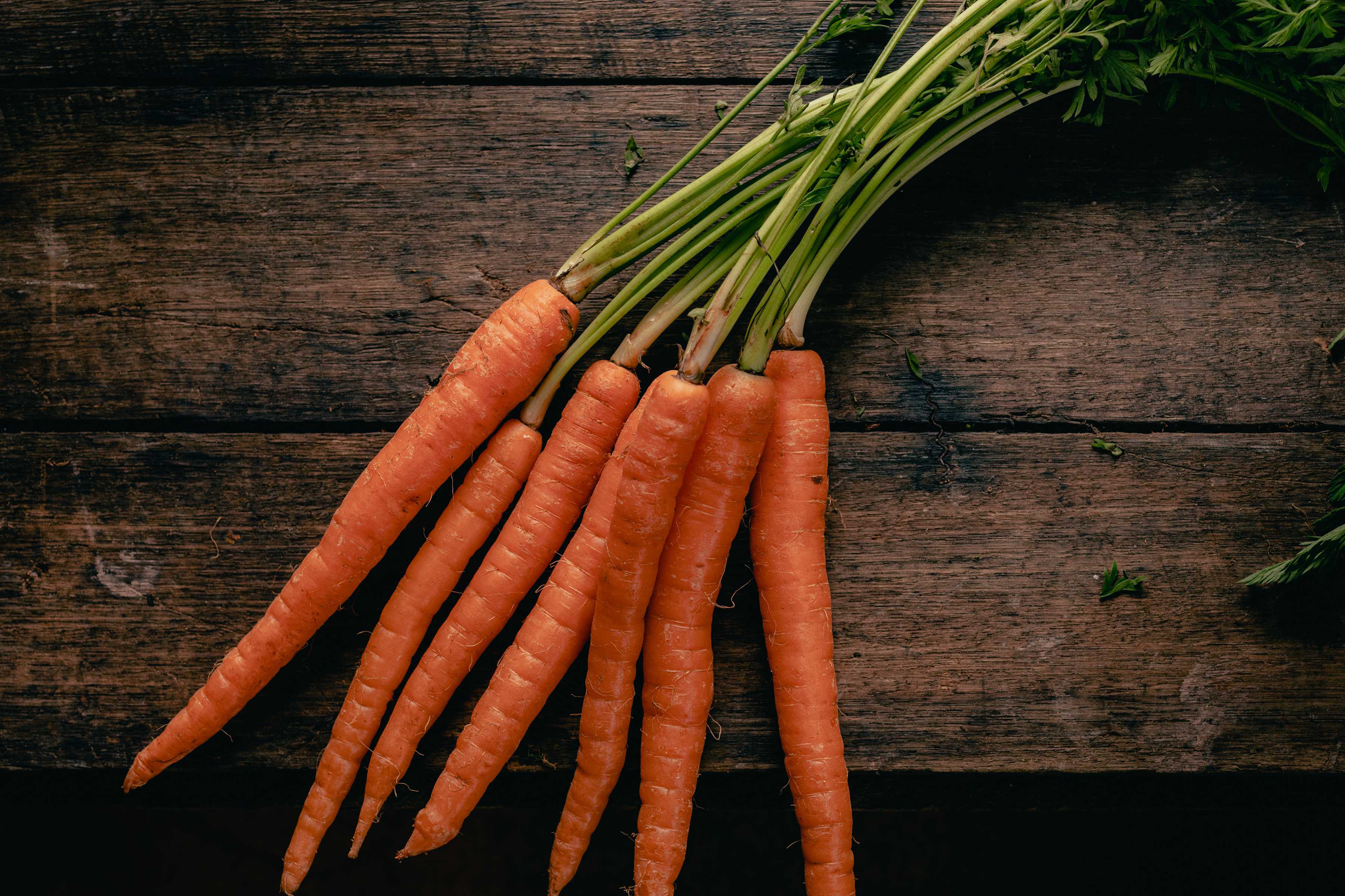 Bunch of Tasmanian carrots on a wooden board. Photo: Andrew Wilson.