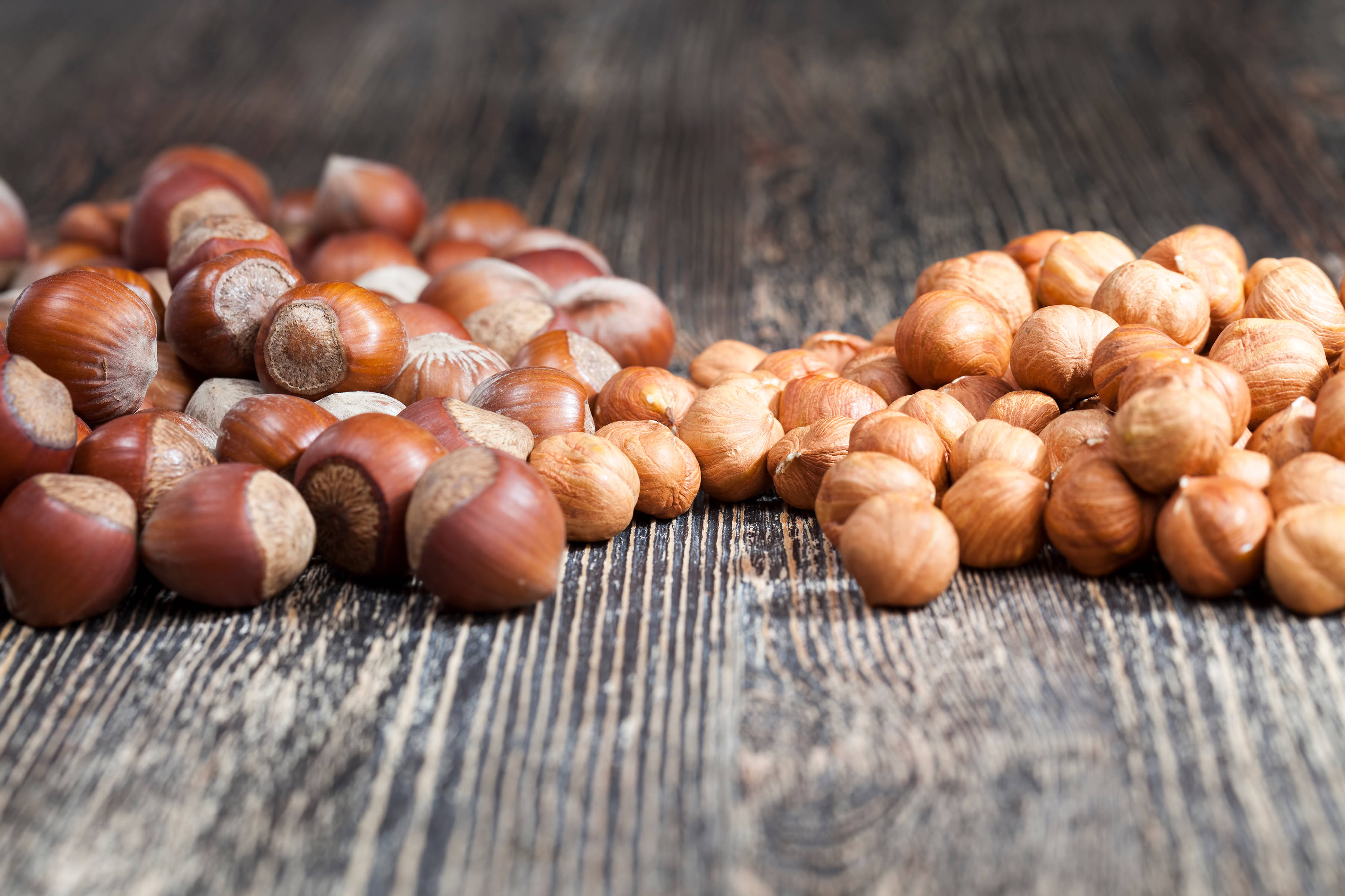 Hazelnuts scattered on a table. Photo: ligora / iStock.