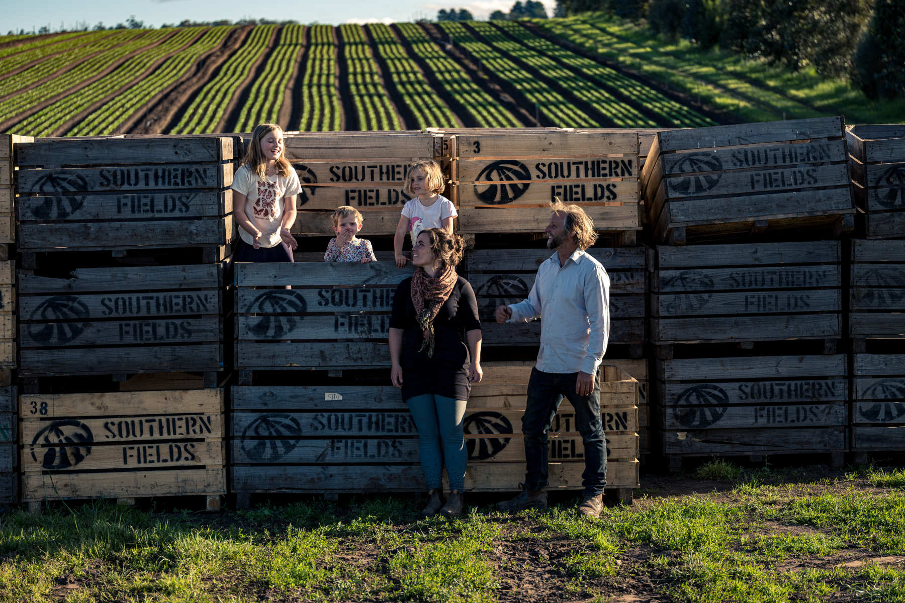 Amy and Ben Houston with their family, Southern Fields, Southern Tasmania. Photo: Andrew Wilson.