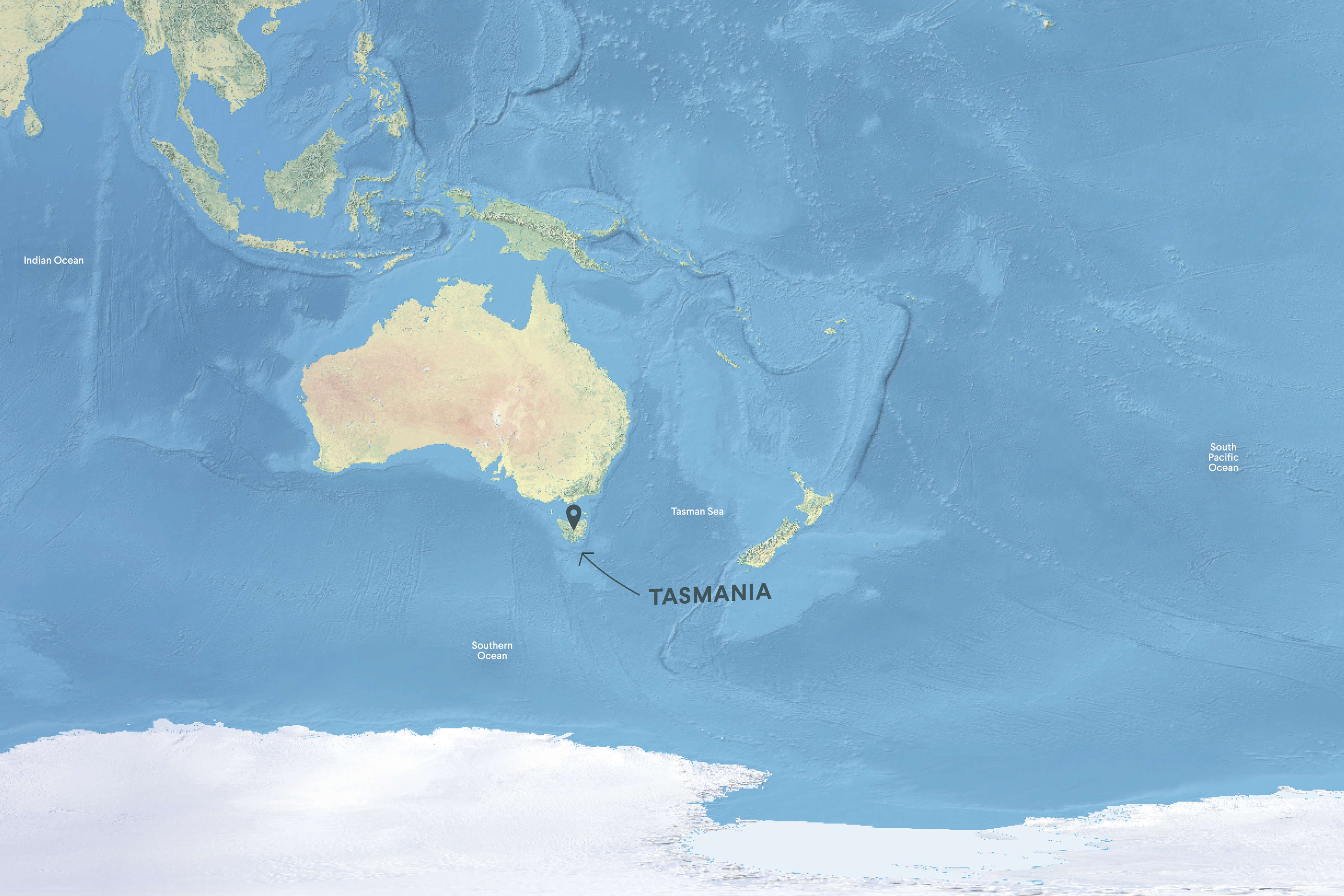 World map showing the location of Tasmania relative to the Australian mailand and the Indian Ocean, Southern Ocean, Tasman Sea, South Pacific Ocean and South-East Asia and New Zealand.